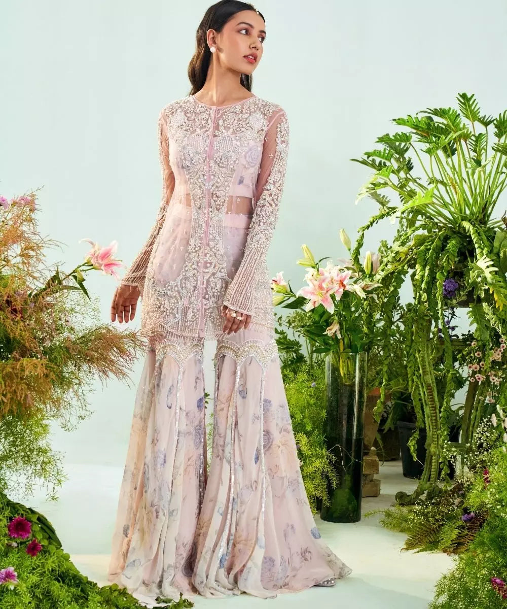 MANI BHATIA - Candy pink Jacket with Ivory print Bustier Gharara set